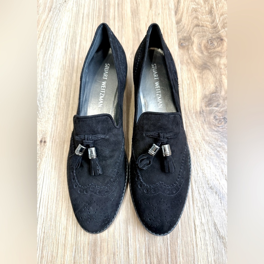 Womens Stuart Weitzman Guything Tassel Loafers 8.5 N Black Suede Shoes NWOB